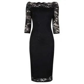 Black Lace 3/4 Sleeve Vintage Bardot Bodycon Wiggle Dress