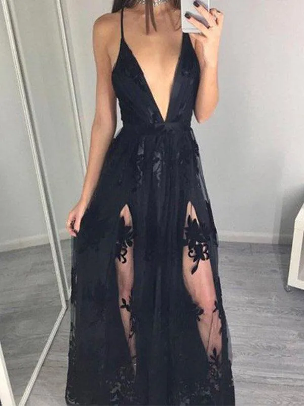 Black Lace Prom Dress V Neck A Line Cheap Prom Dress #ER166