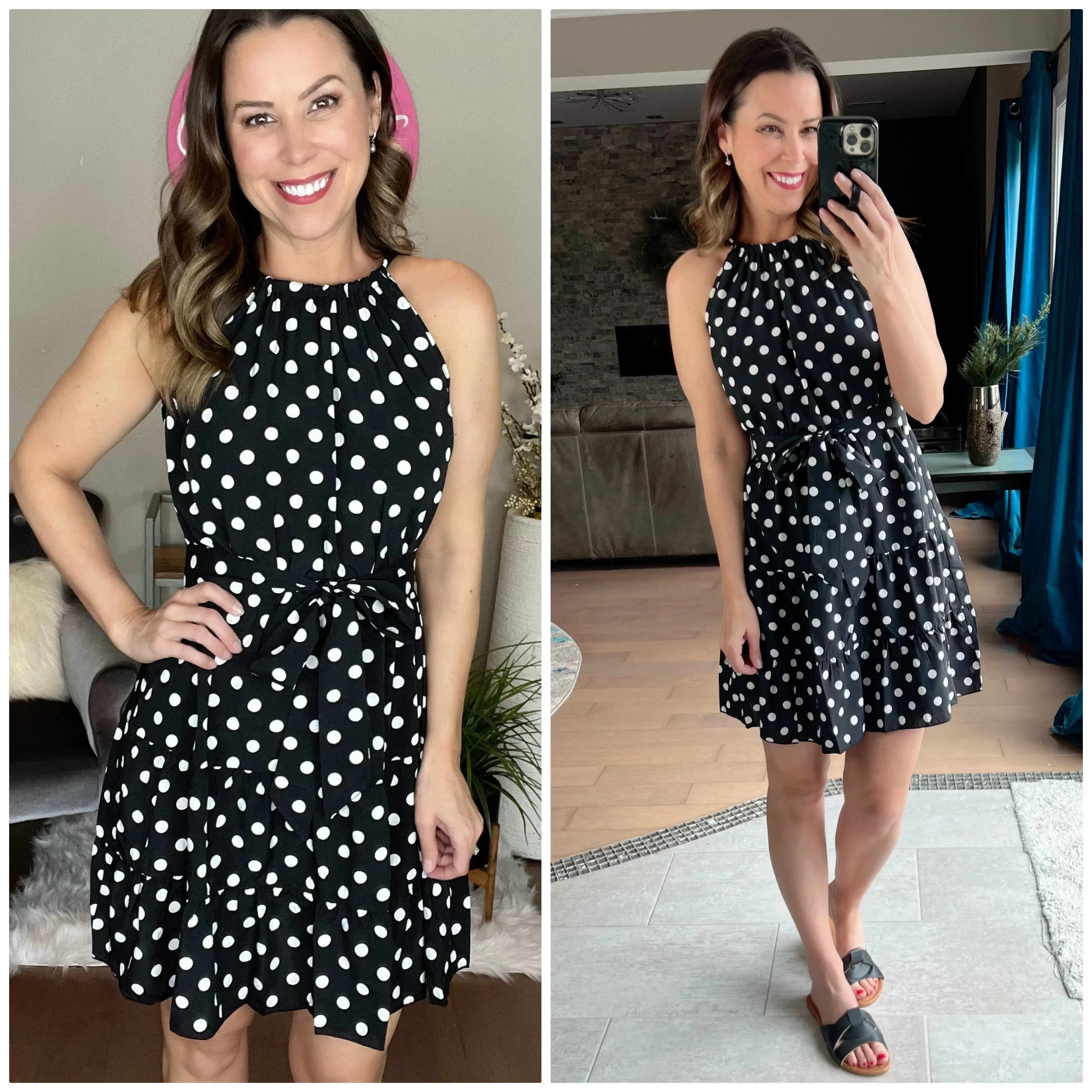 Black Polka Dot Halter Neck Ruffle Dress