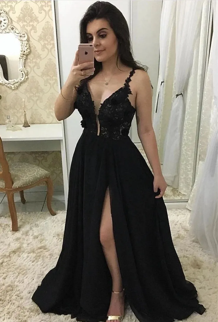 Black Prom Dress with Slit, Prom Dresses, Evening Dress, Dance Dress, Graduation School Party Gown, PC0348