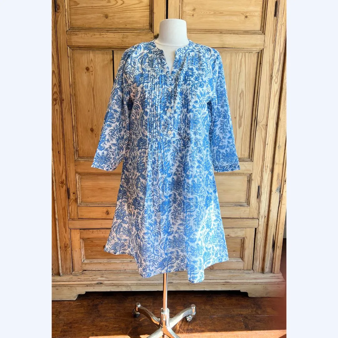 Blue & White Floral Pin Tuck Dress