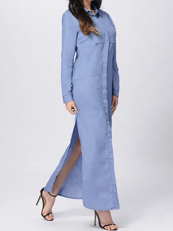 Blue Denim Shirt Collar Long Sleeve Slit Side Maxi Dress