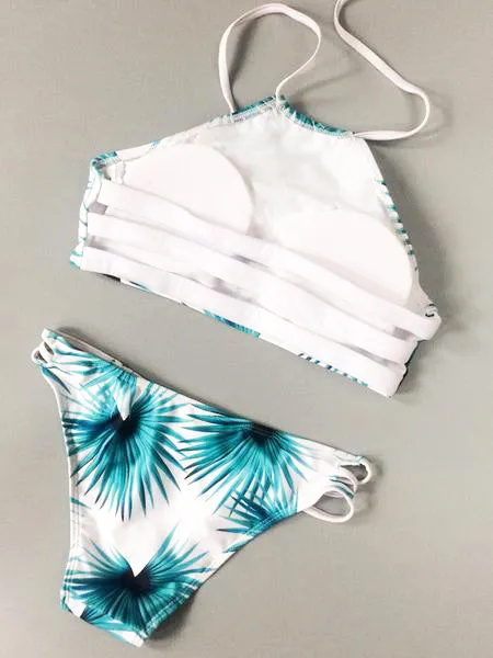 Blue Push Up Cut Out Floral Printing Swimsuit