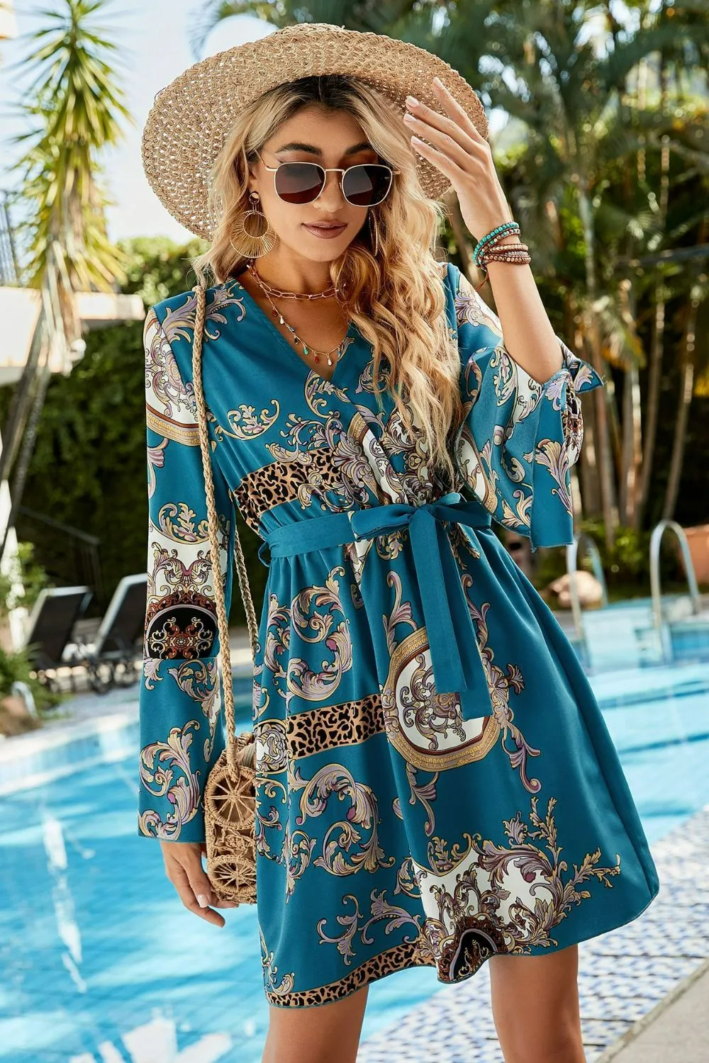 Womens Bohemian Tie-Waist Surplice Dress with Flare Sleeves