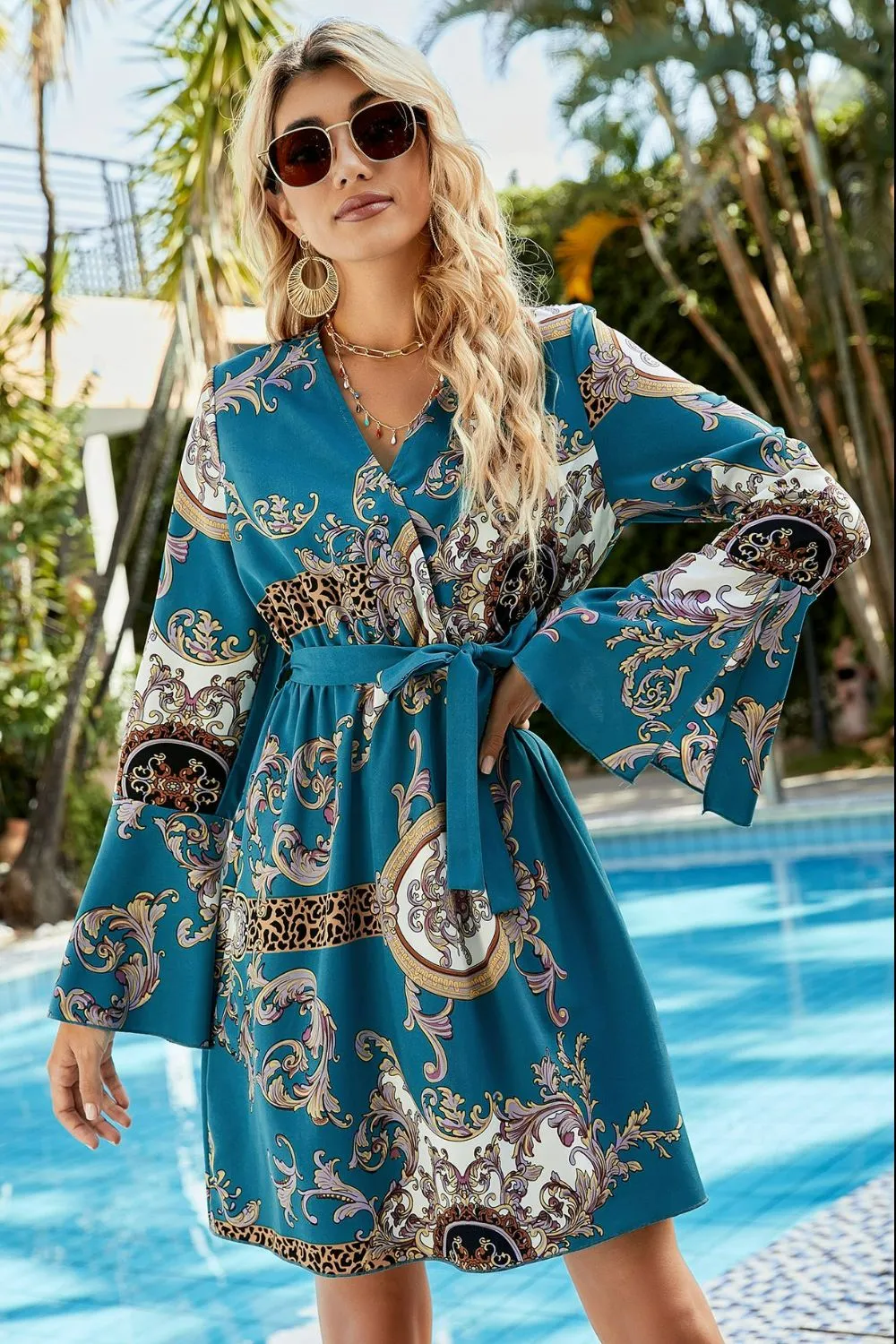 Womens Bohemian Tie-Waist Surplice Dress with Flare Sleeves