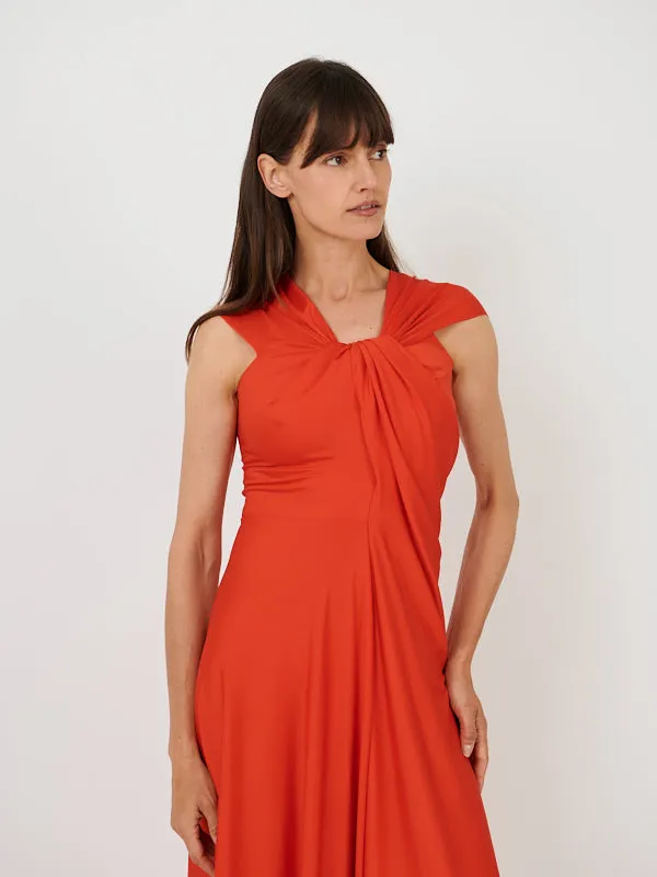 Cap Sleeve Draped Dress In Red