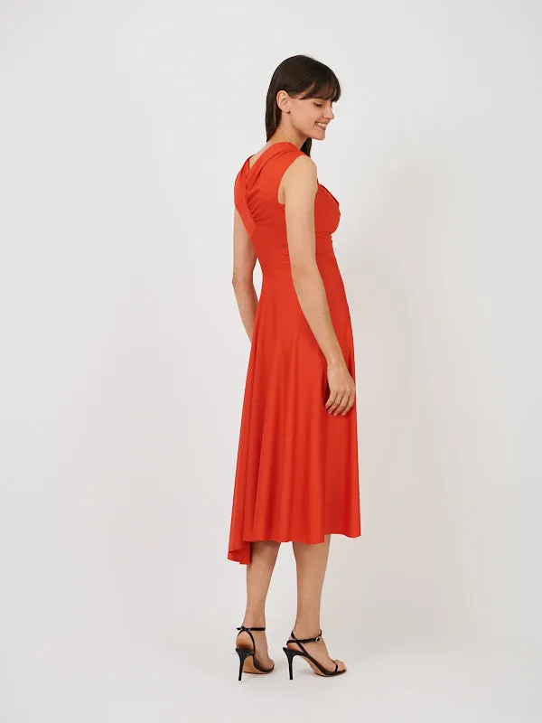 Cap Sleeve Draped Dress In Red