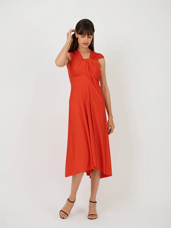 Cap Sleeve Draped Dress In Red