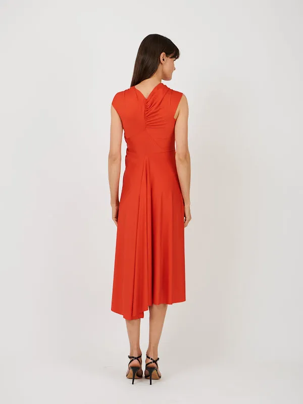 Cap Sleeve Draped Dress In Red