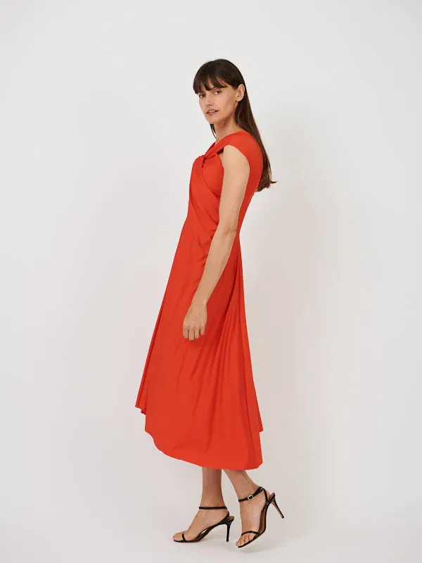 Cap Sleeve Draped Dress In Red