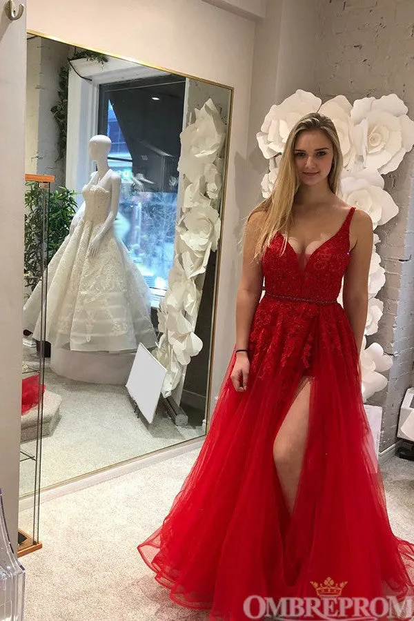 Chic Red Prom Dresses V Neck Split Side Lace Party Dresses