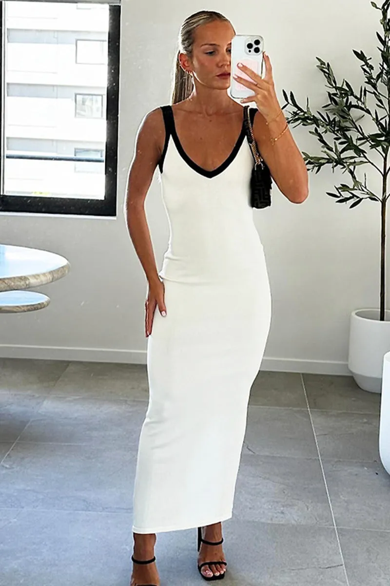 Colorblock Backless V Neck Bodycon Maxi Dress