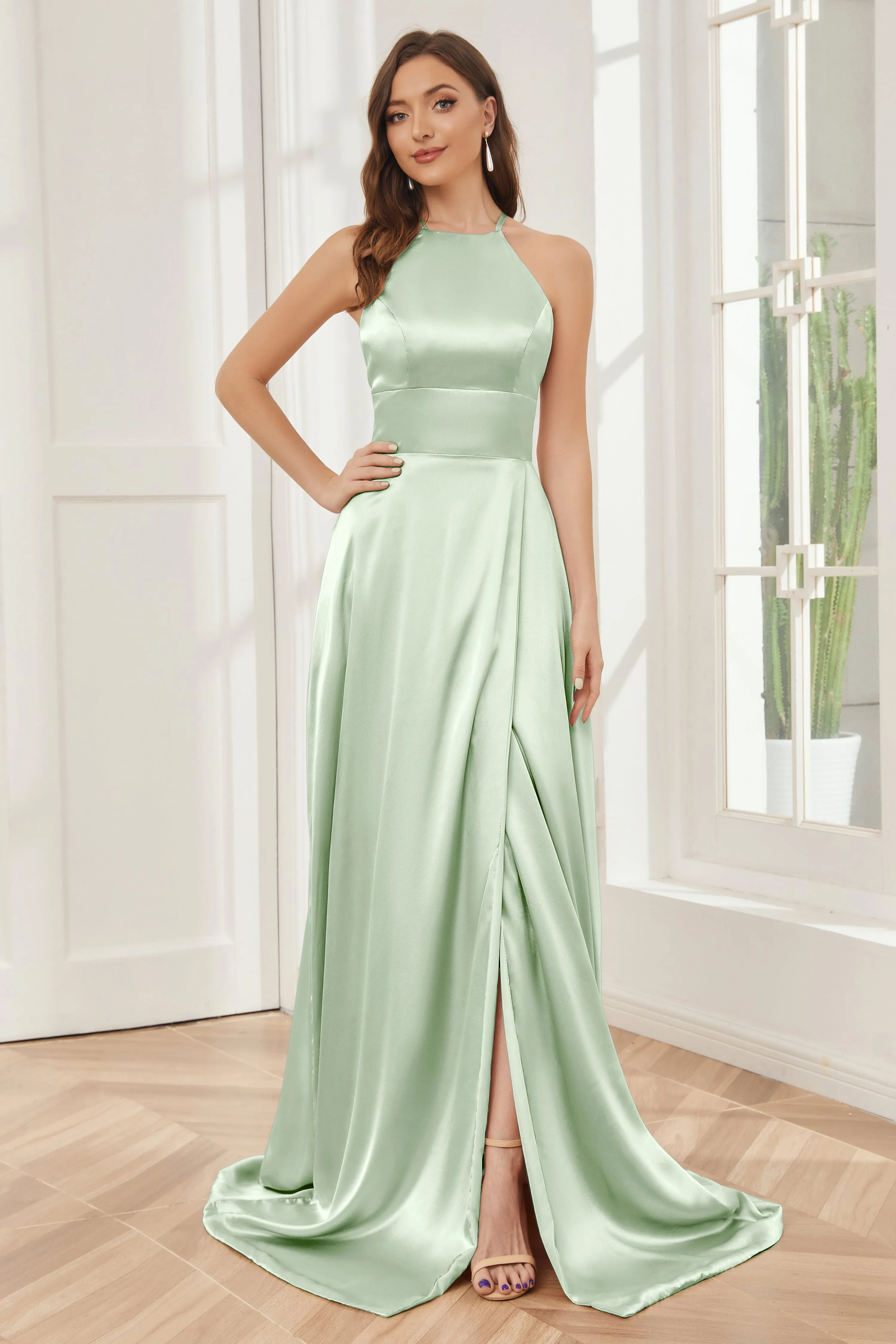 Column Halter Soft Satin Bridesmaid Dress with Pockets