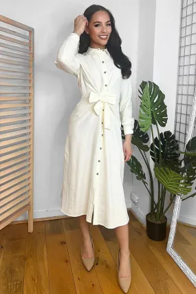 Cream Front Waist Tie Midi Shirt Dress