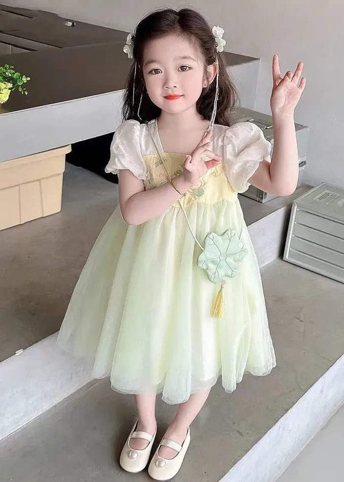 Cute Light Green Square Collar Patchwork Tulle Kids Long Dresses Short Sleeve MN008