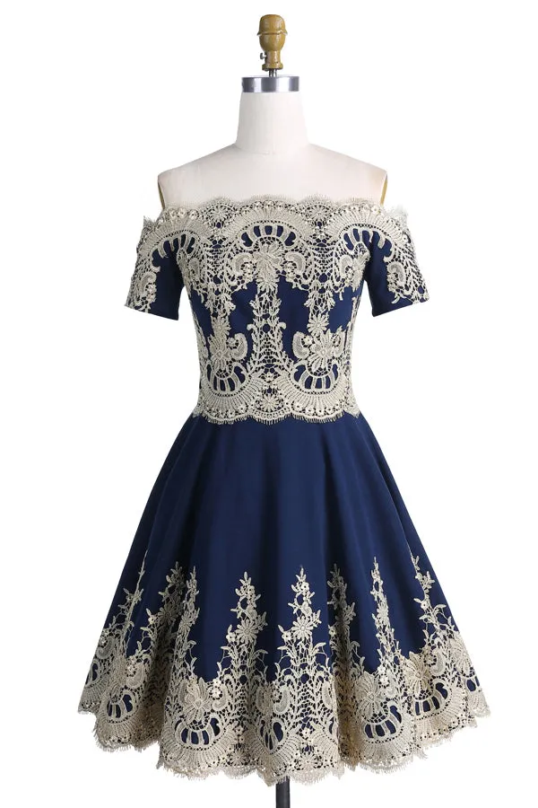 Dark Blue Off Shoulder Short Sleeve Appliques Homecoming Dresses