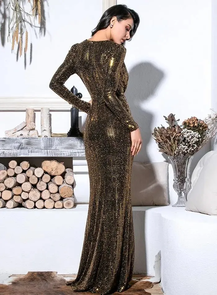 Deep V-Neck Cut Out Puff Sleeves Gown