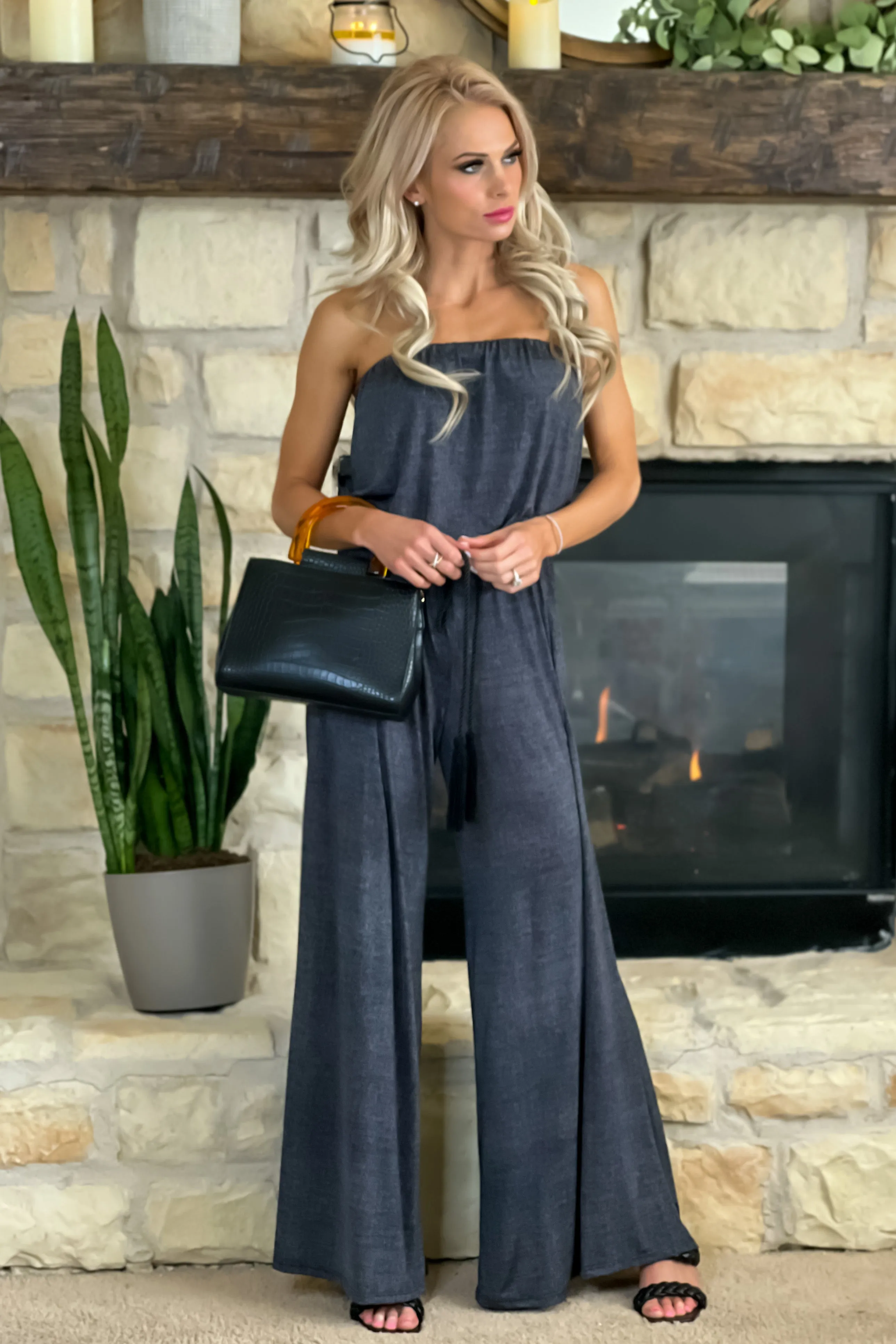 Delightful Night Printed Strapless Jumpsuit : Heathered Black