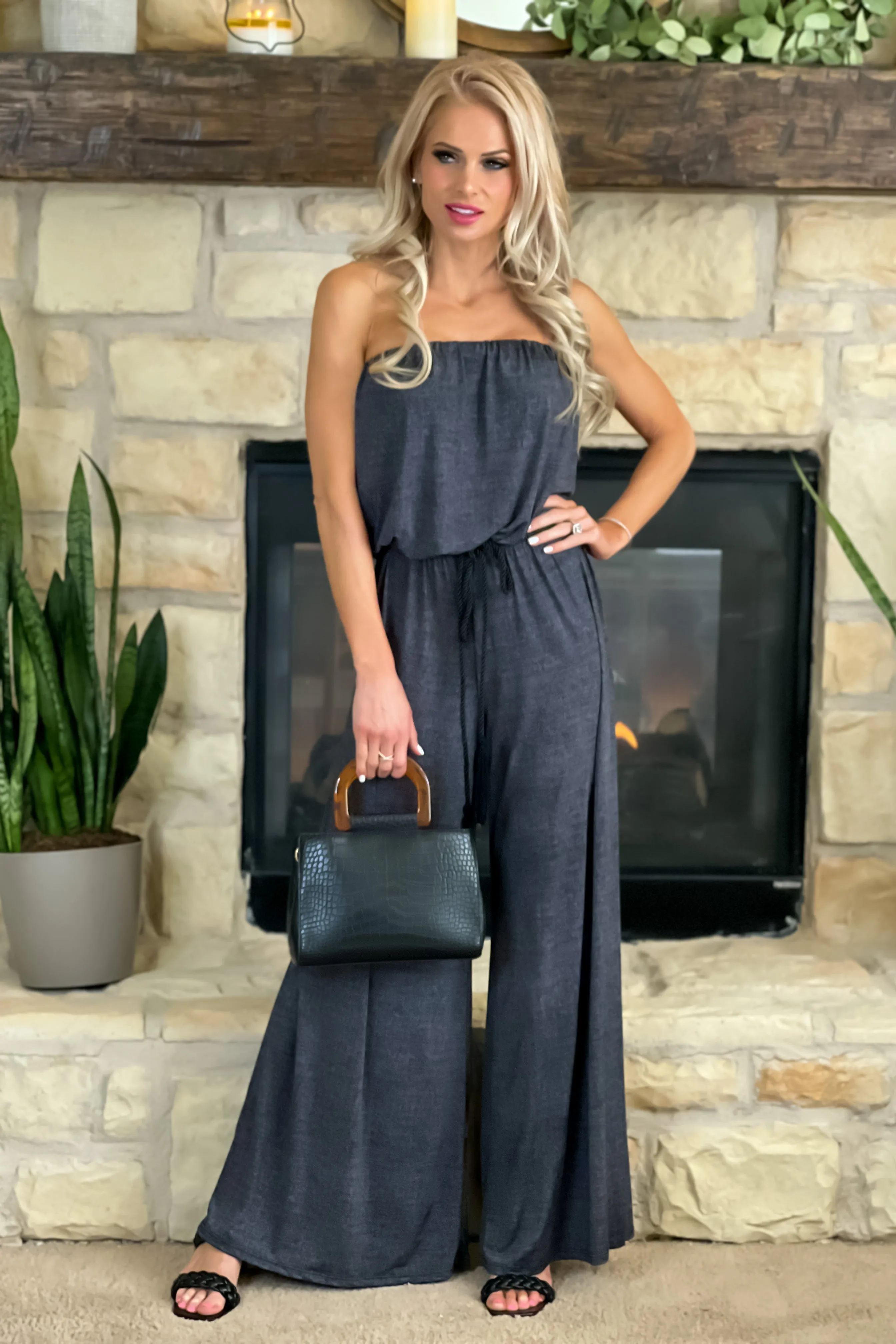 Delightful Night Printed Strapless Jumpsuit : Heathered Black