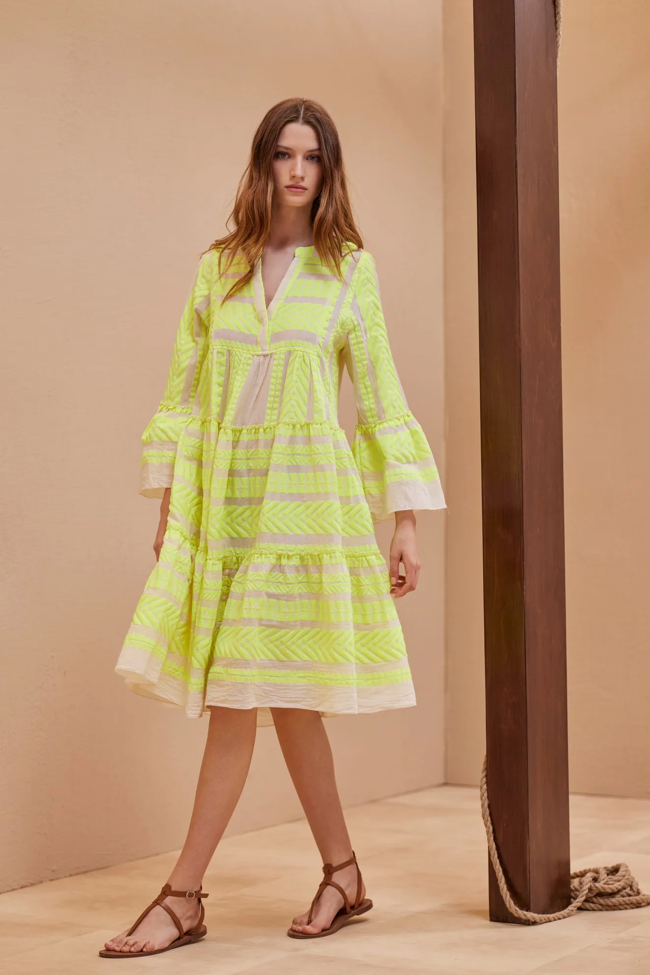 DEVOTION TWINS Ella MIDI Dress | NEON LIME on OFF WHITE