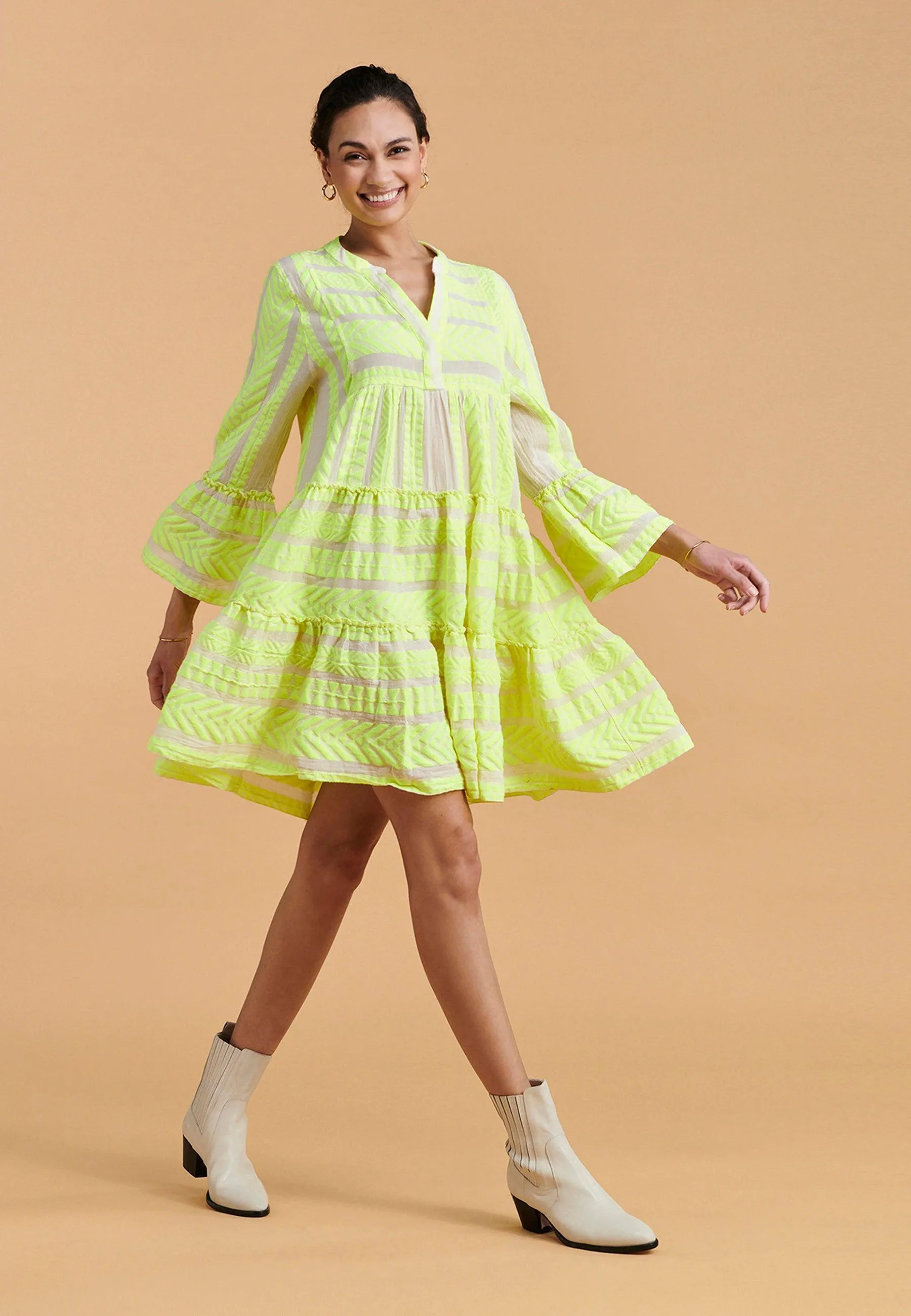 DEVOTION TWINS Ella Mini Dress | NEON LIME on OFF WHITE