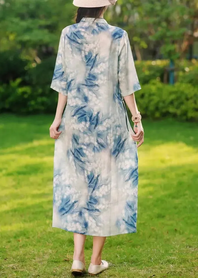 Elegant Blue Button Print Lace Up Linen Long Dresses Summer CG1029