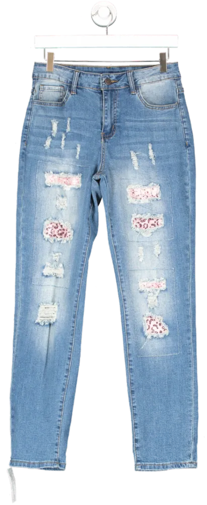 Evaless Blue Pink Leopard Ripped Patchwork Jeans UK 8