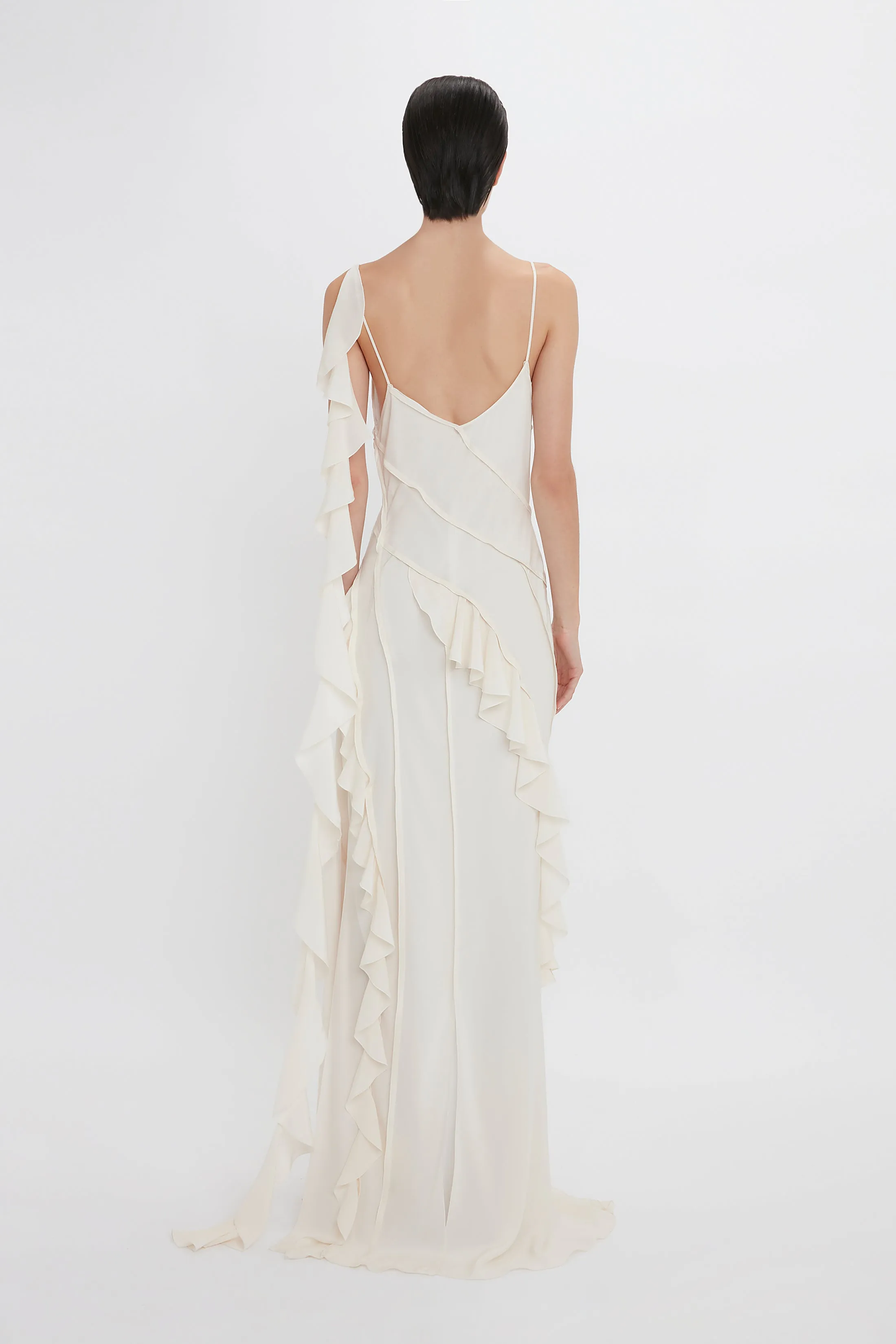 Exclusive Asymmetric Bias Frill Dress In Ivory