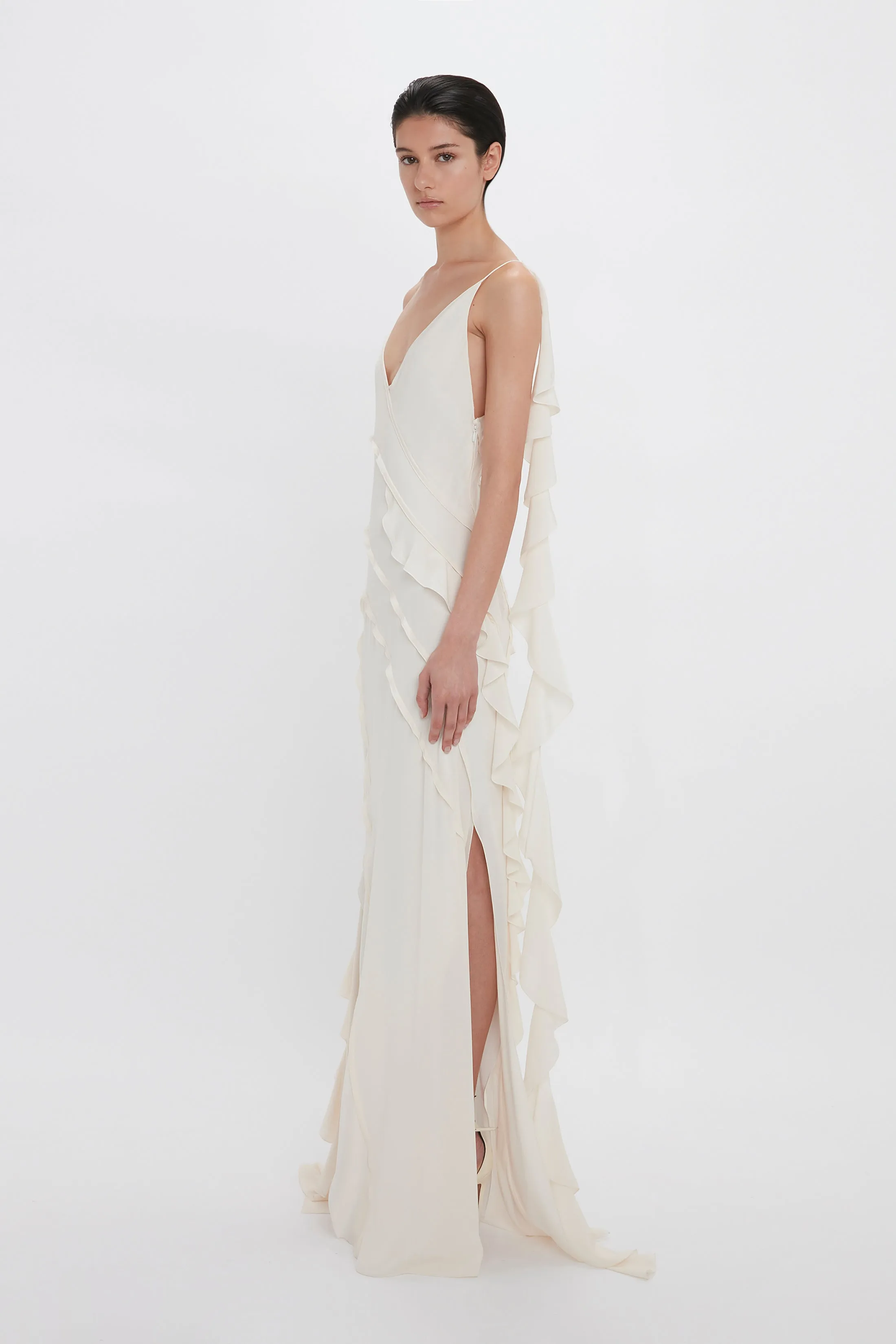 Exclusive Asymmetric Bias Frill Dress In Ivory