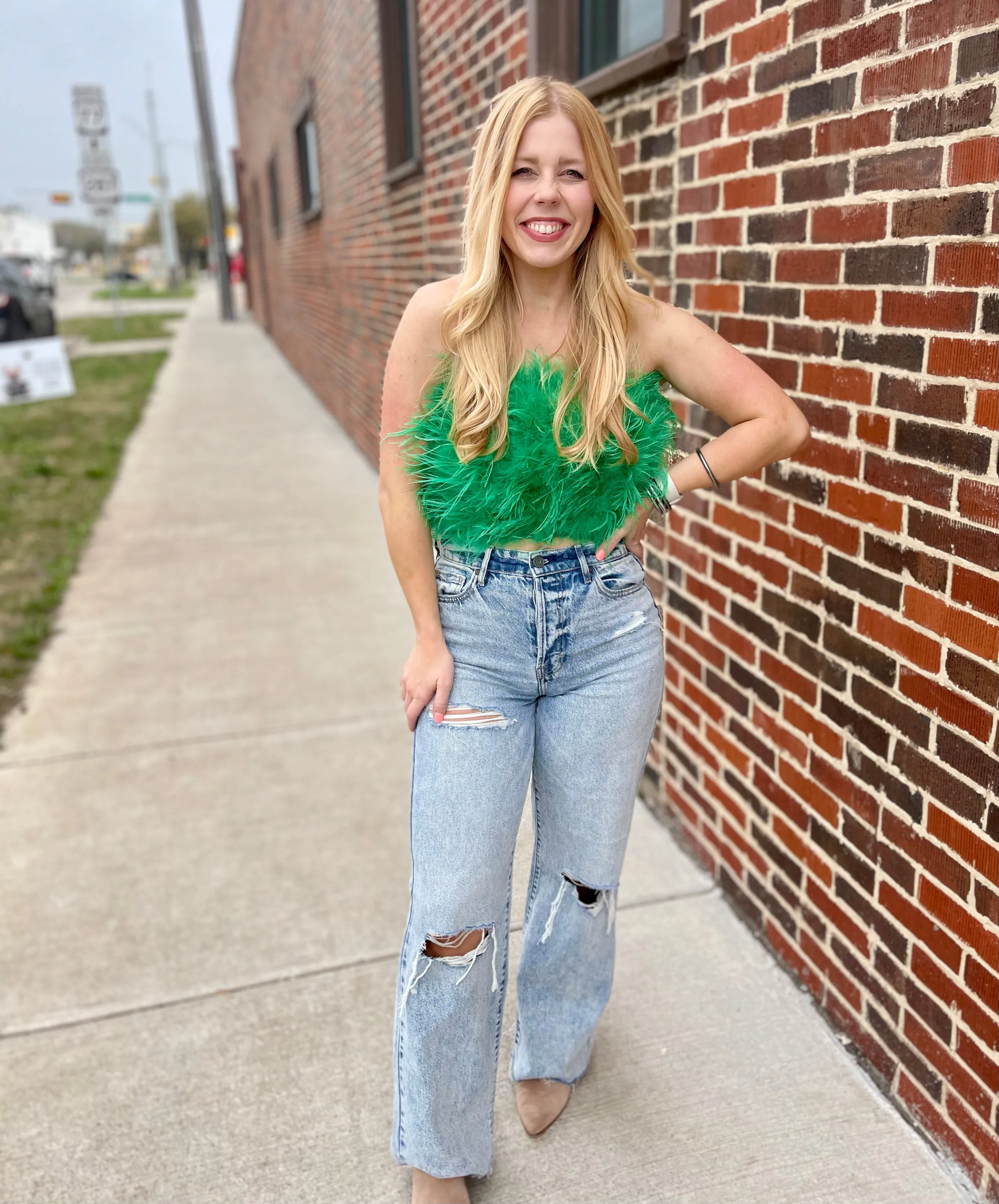 Fancy Strapless Feather Crop Top - Green