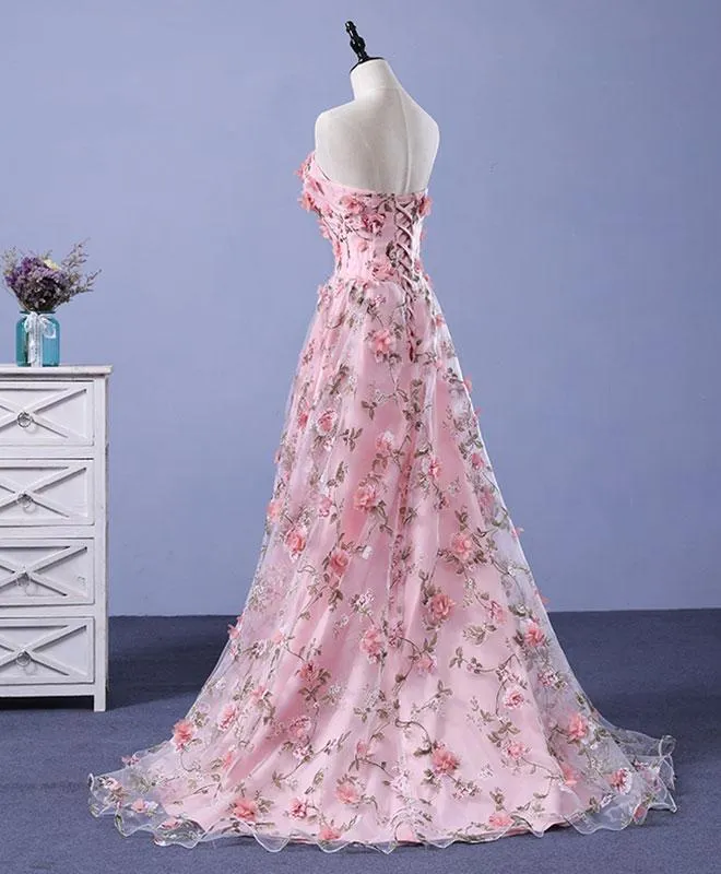 Floral Pink Prom Dress Cheap A Line Sweetheart Prom Dress #ER401