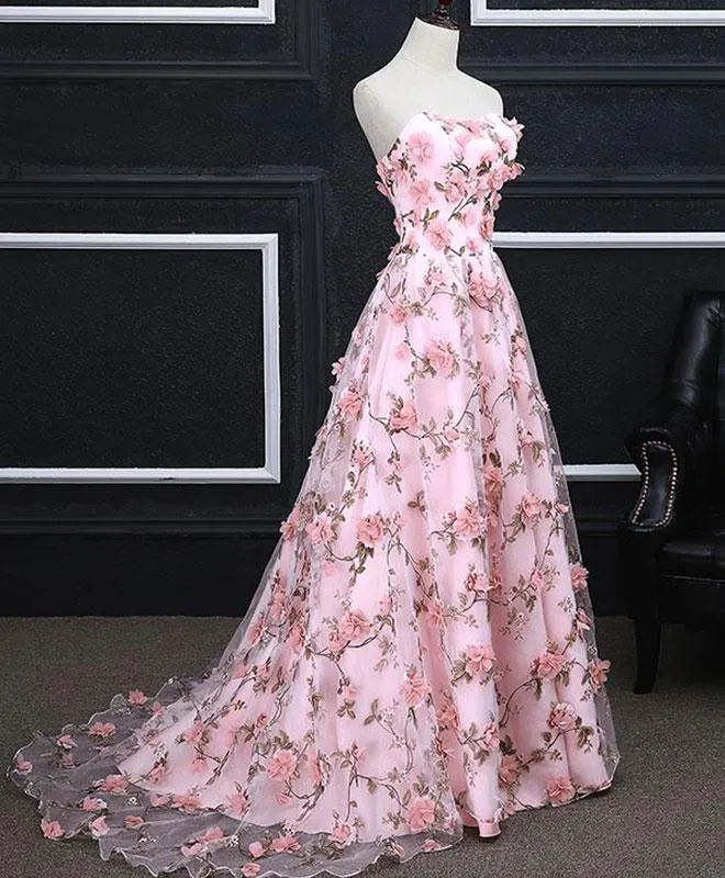 Floral Pink Prom Dress Cheap A Line Sweetheart Prom Dress #ER401