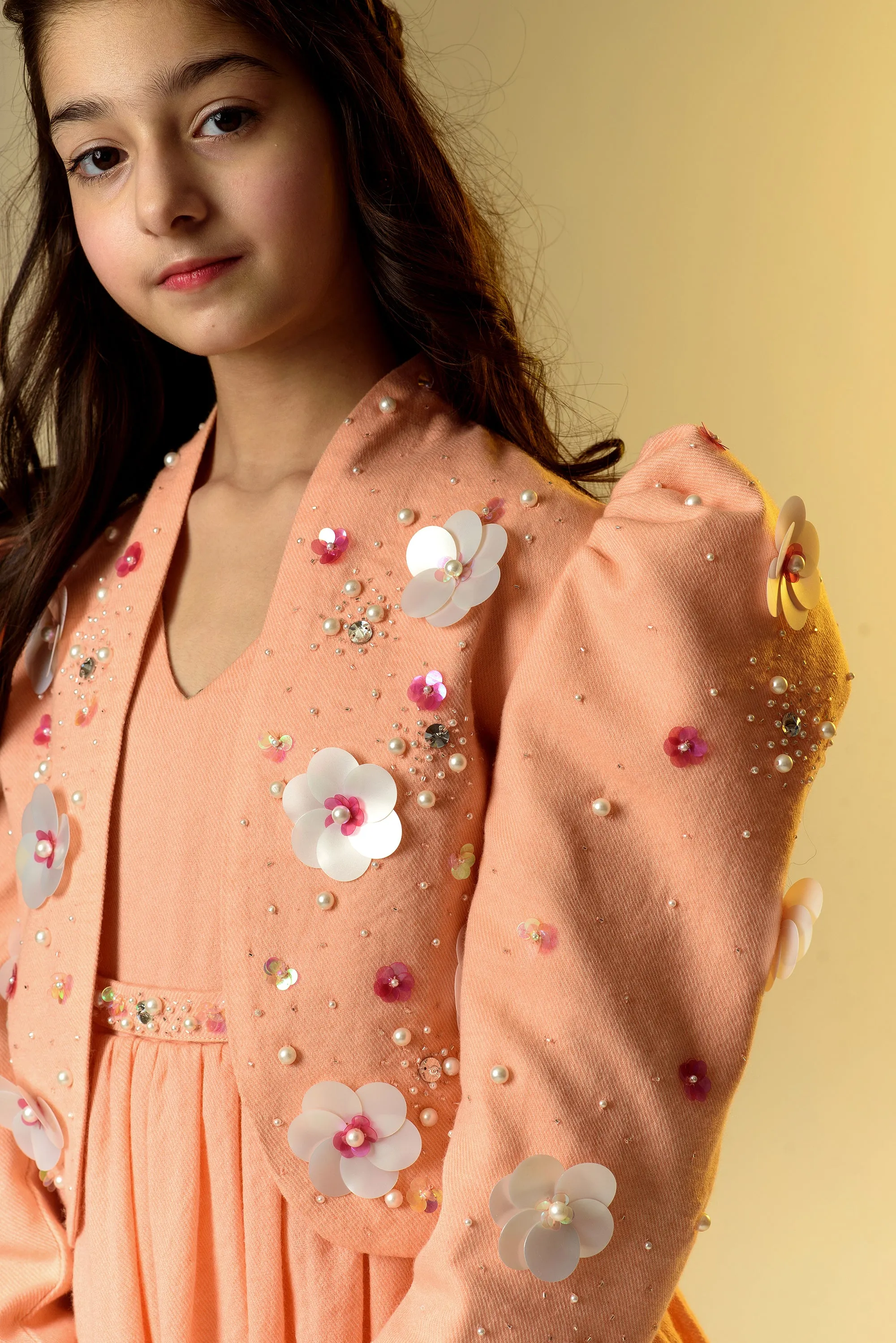 Florid Dreams- Embroidered Organic Wool Twill Jacket & Dress With Belt For Girls