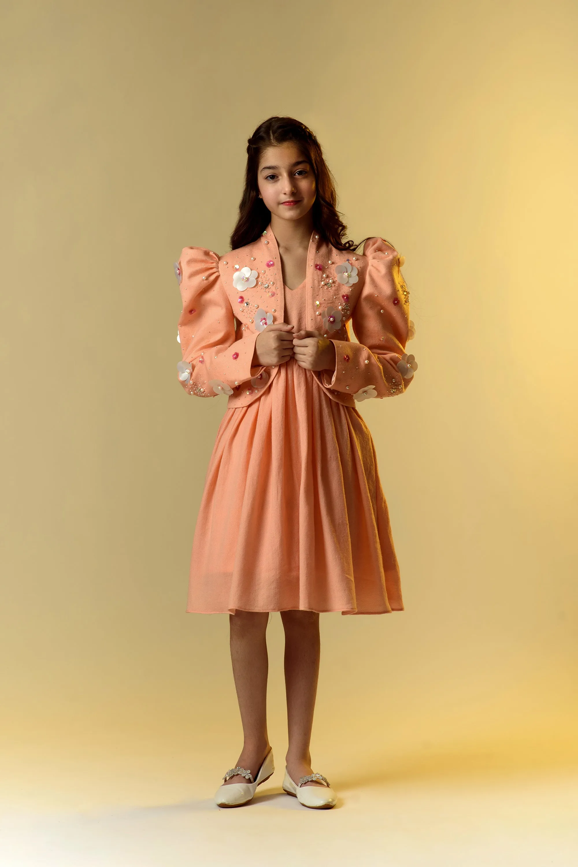 Florid Dreams- Embroidered Organic Wool Twill Jacket & Dress With Belt For Girls