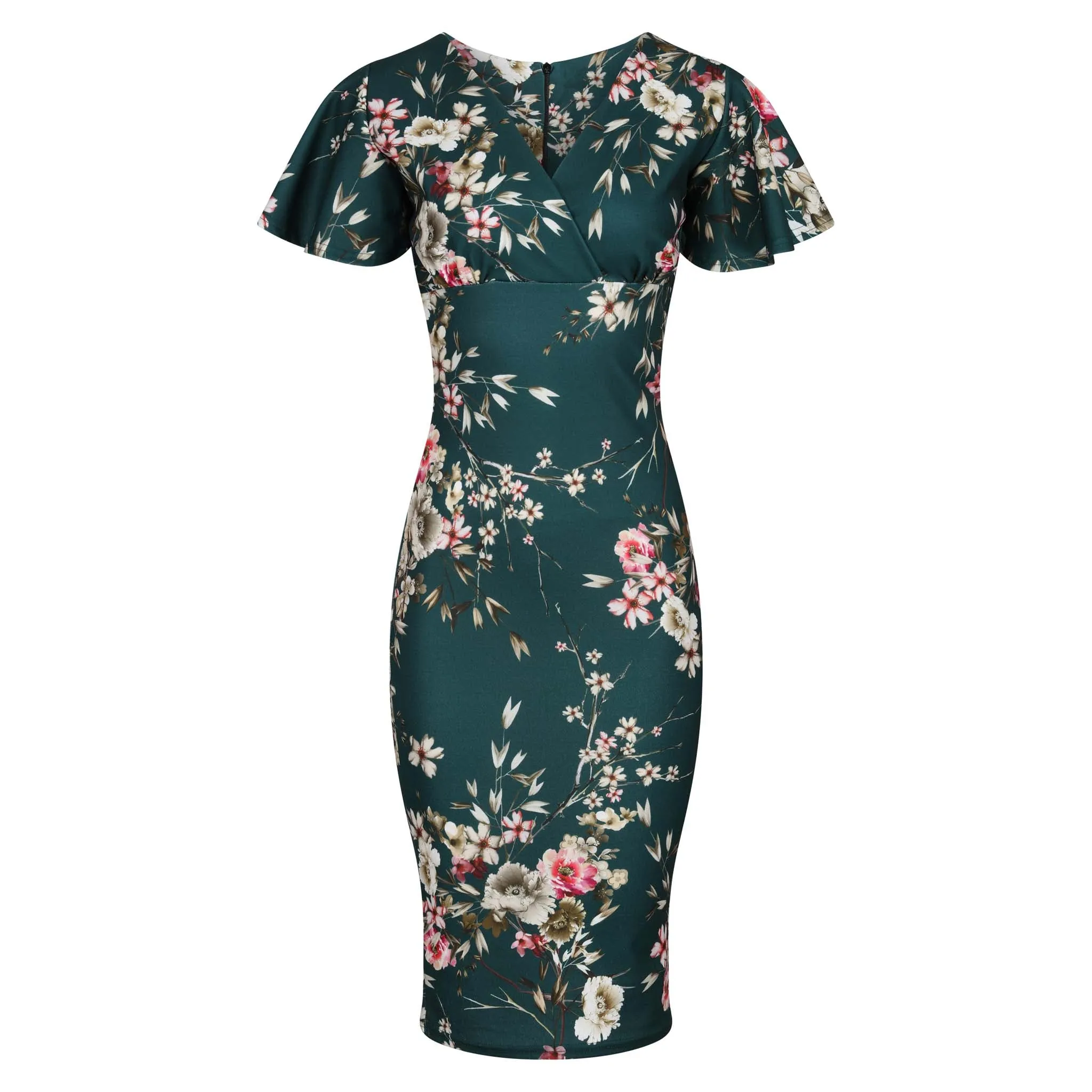 Forest Green Floral Half Sleeve Deep V Neck Crossover Top Wiggle Dress