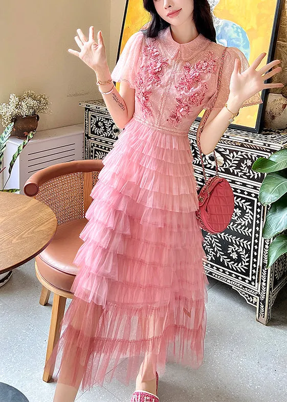 French Pink Embroidered Ruffled Patchwork Tulle Dresses Summer ZL041