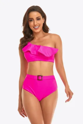 Gerüschtes One-Shoulder-Bikini-Set mit Schnalle