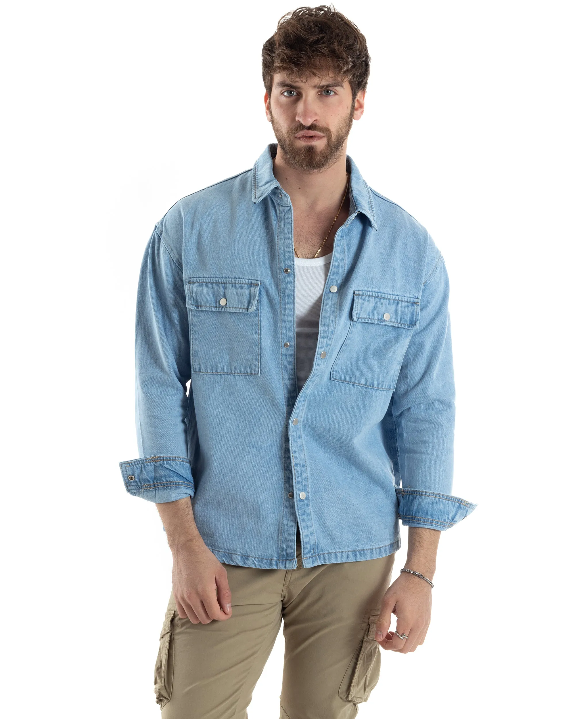 Giubbotto Jeans Uomo Camicione Camicia Con Colletto Giacca Basic Denim GIOSAL-G3171A