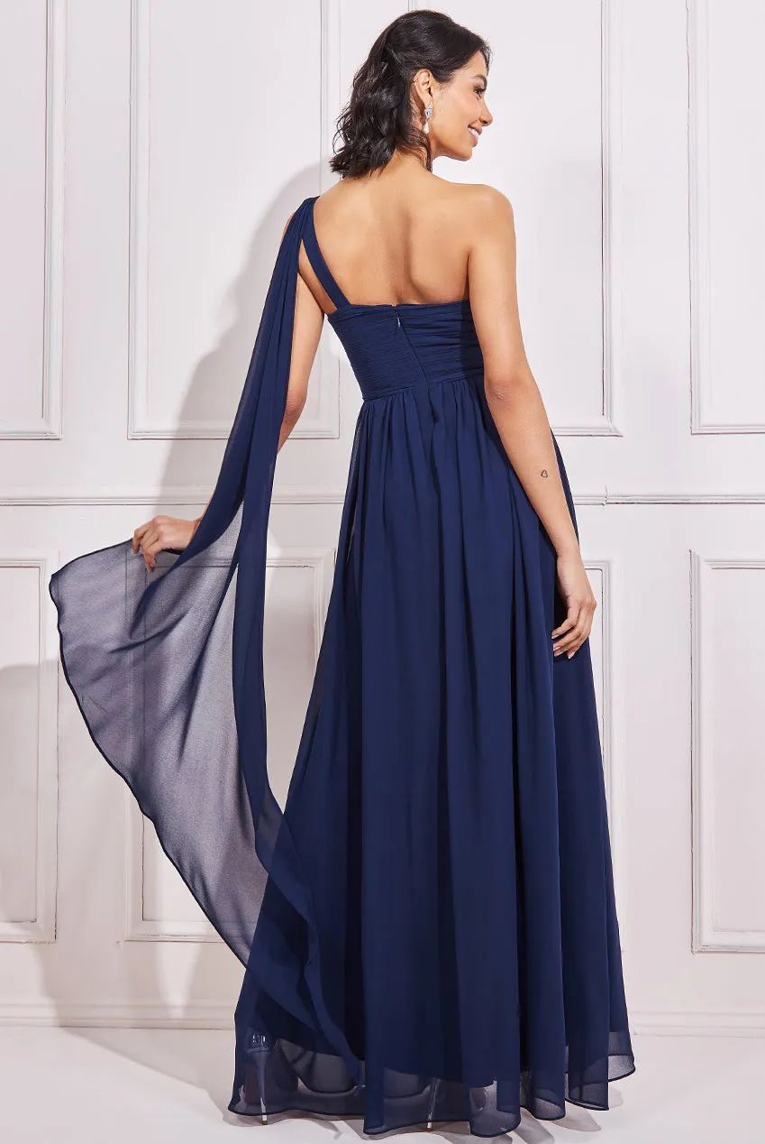 Goddiva One Shoulder Pleated Chiffon Scarf Maxi Dress