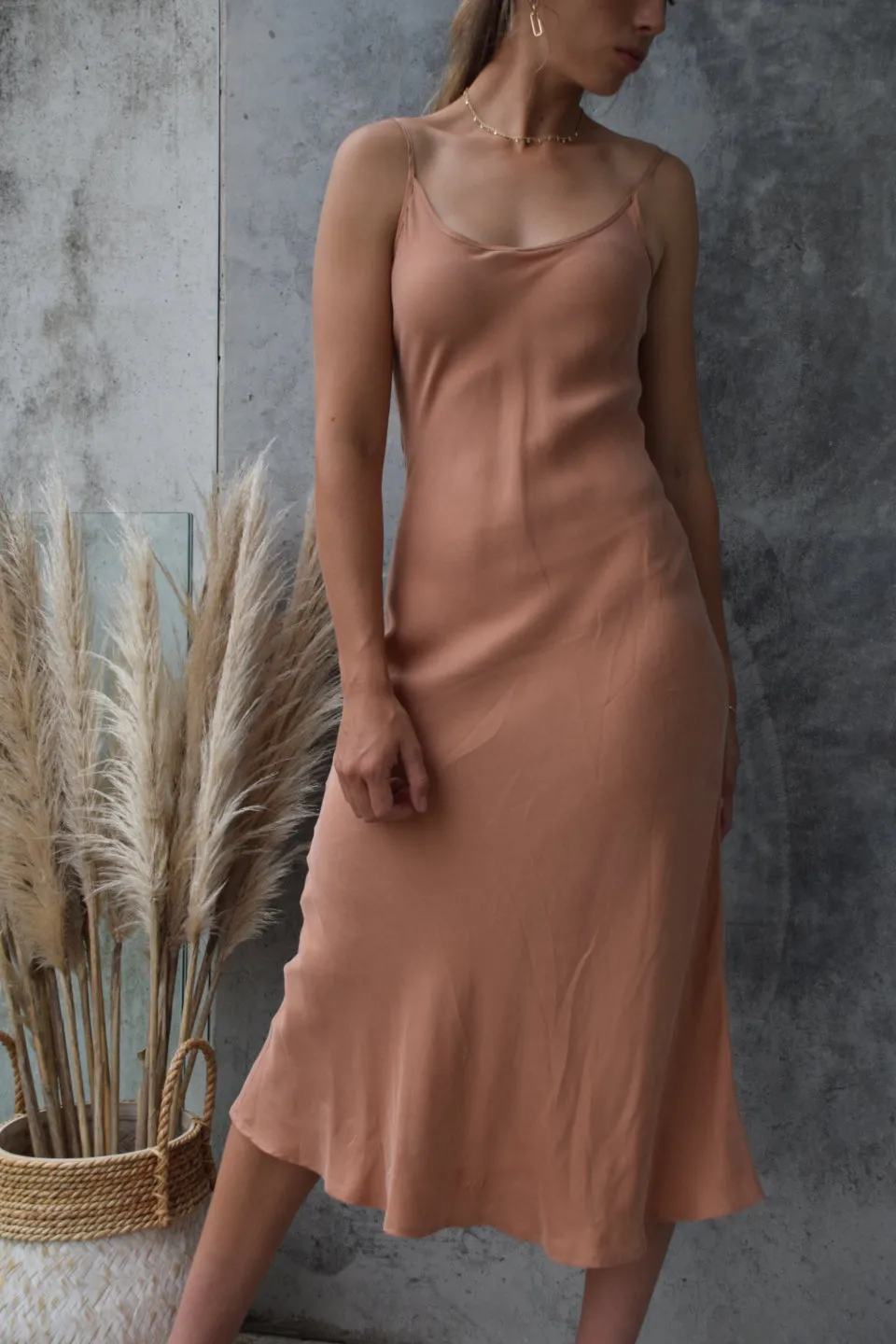 Golden Hour Toffee Cupro Bias Slip Midi Dress