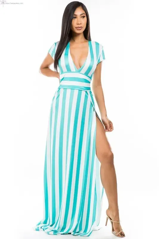 Green Maxi Dress with Stripes Side Slit