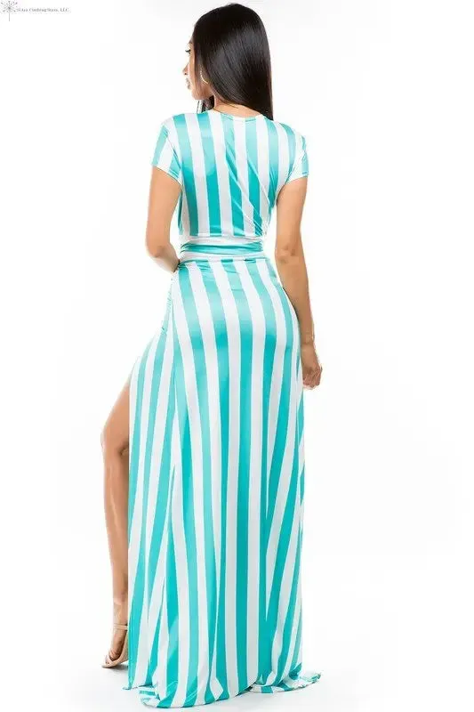 Green Maxi Dress with Stripes Side Slit