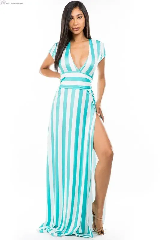 Green Maxi Dress with Stripes Side Slit