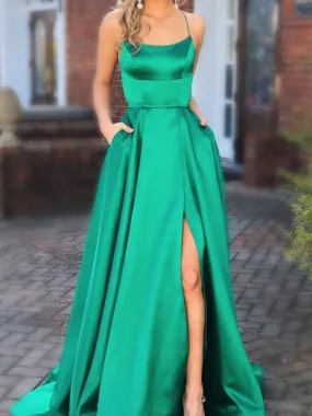 Green Satin Prom Dress Long with Slit and Pockets