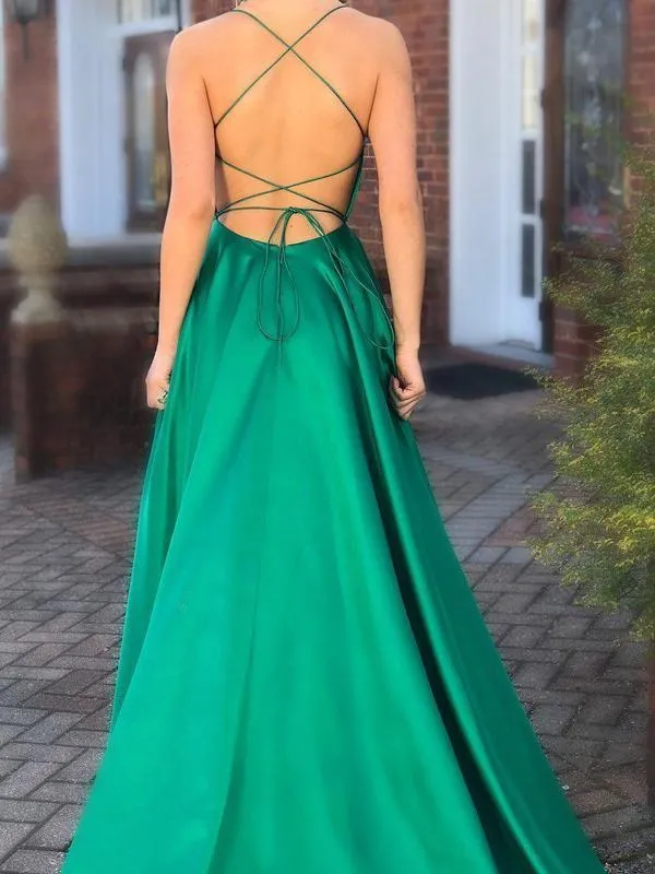 Green Satin Prom Dress Long with Slit and Pockets