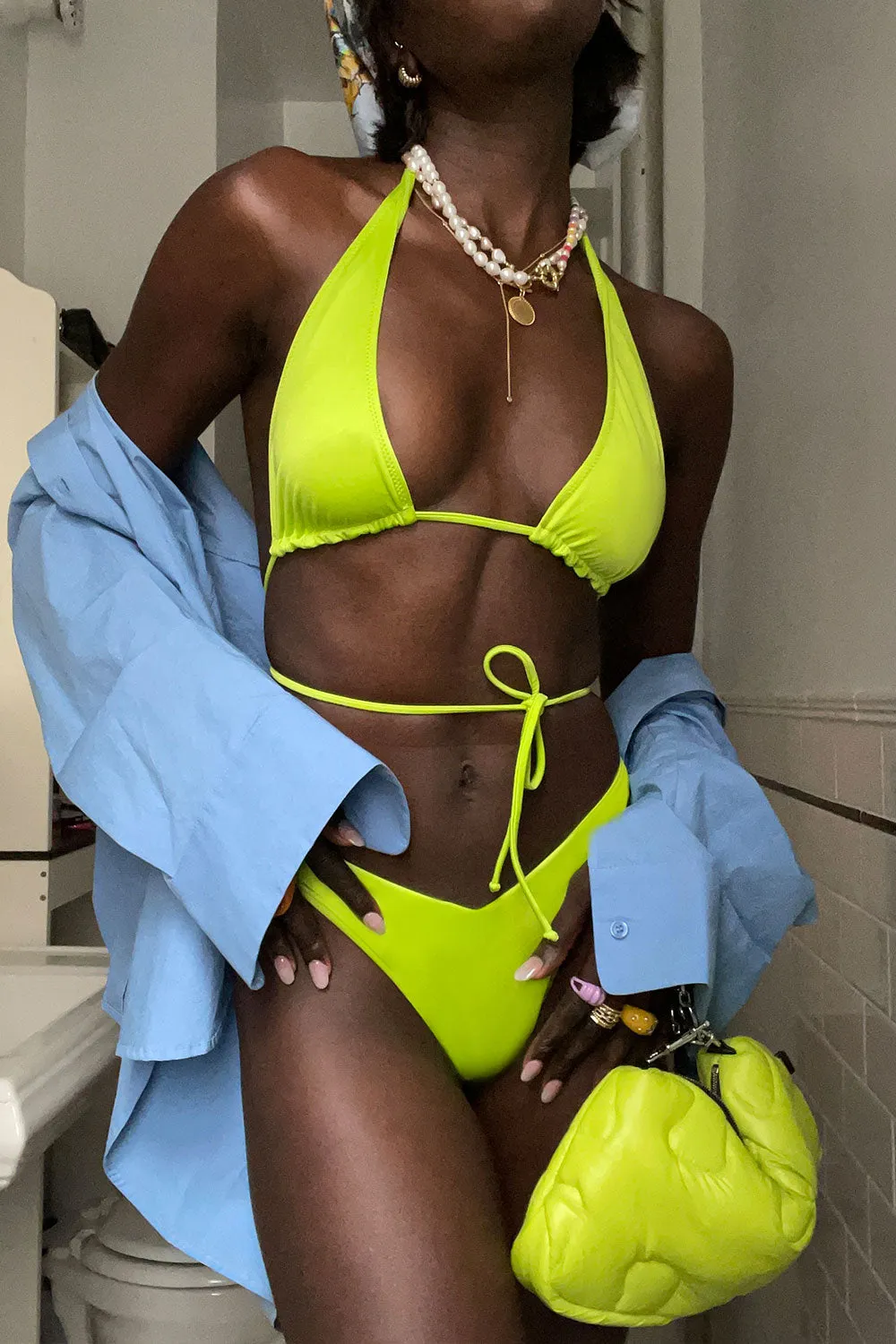 Harlow Satin Halter Bikini Top - Slime