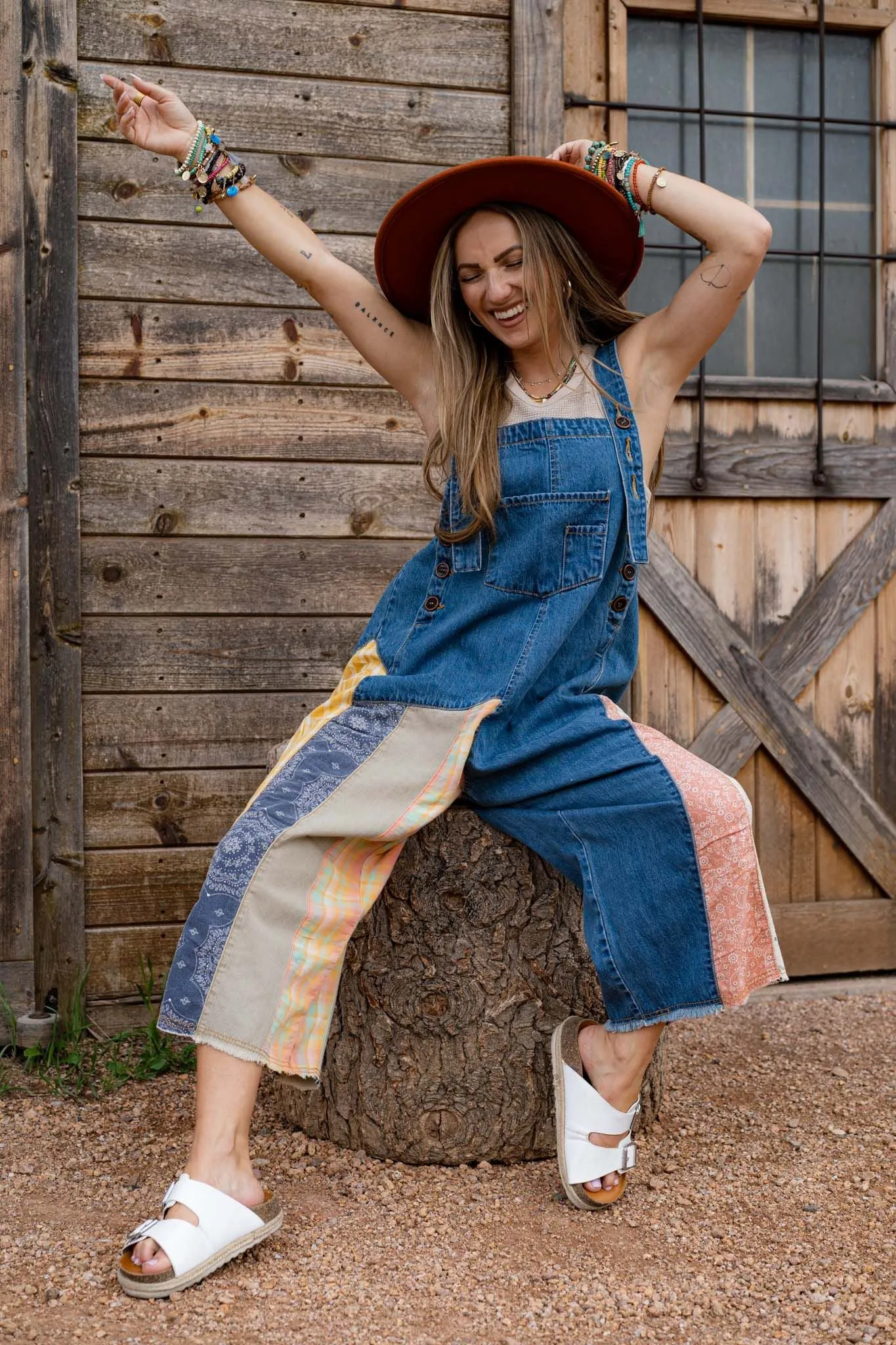 High Hopes Slouchy Denim Overalls - Patchwork