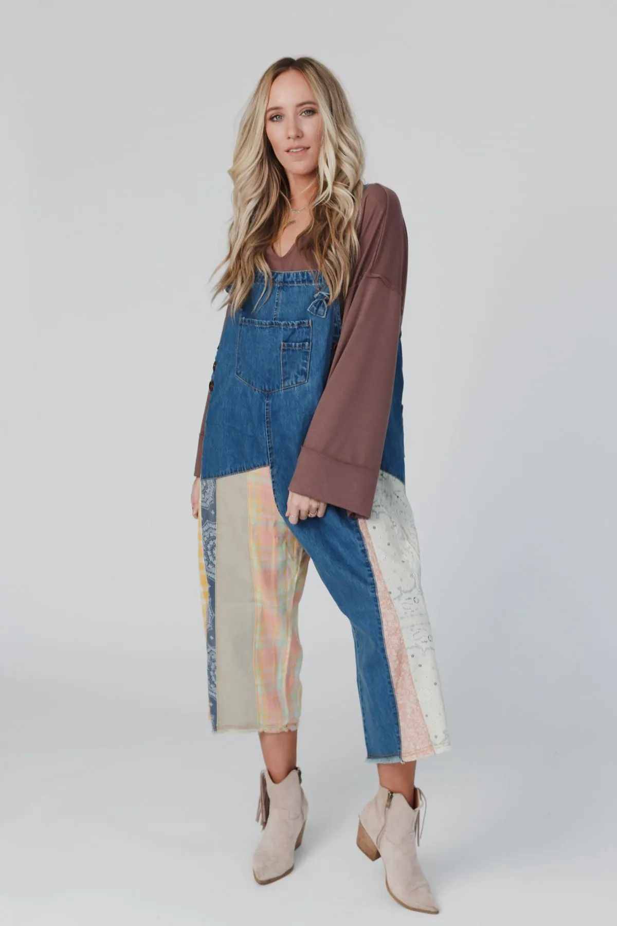 High Hopes Slouchy Denim Overalls - Patchwork