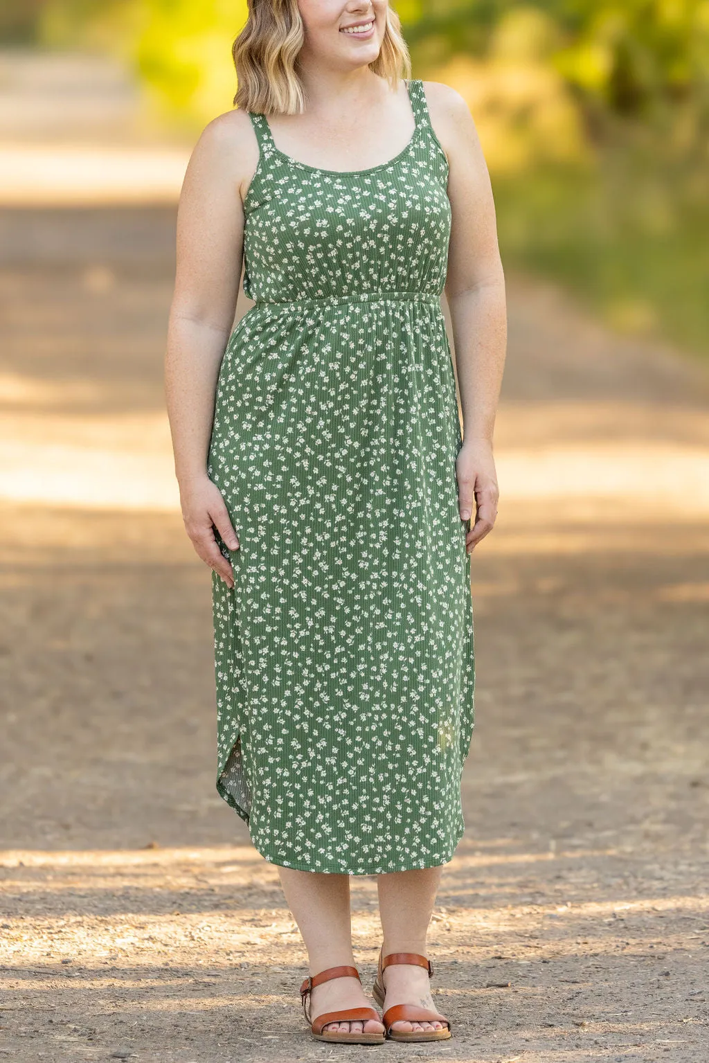 IN STOCK Reagan Ribbed Midi Dress - Olive Floral