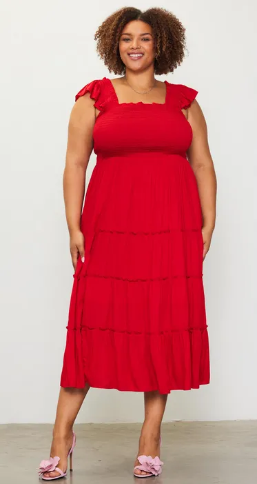 Kelsey Smocked Midi Dress in Red